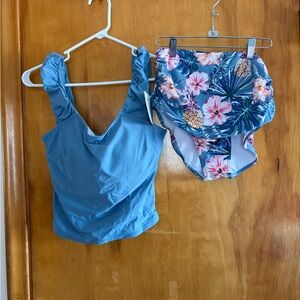 Blue Tankini Top and Floral High-Waisted Bikini Bottom